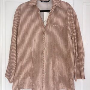 ZARA Striped Set Button-Down Shirt & Pant set in cream/brownish suttle burgundy.